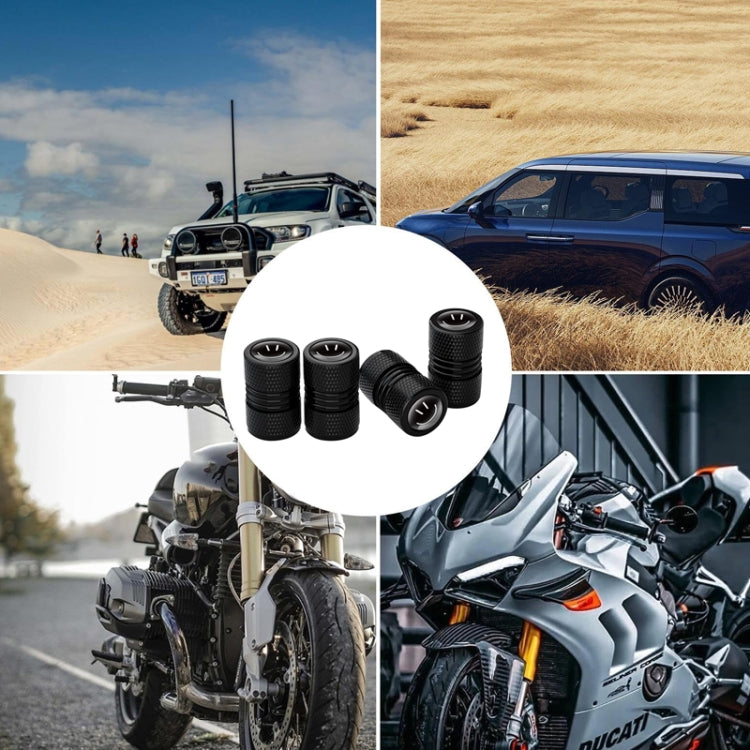 Set of four smiley face metal tire valve caps made from aluminum alloy, showcasing durability and style for automobiles.