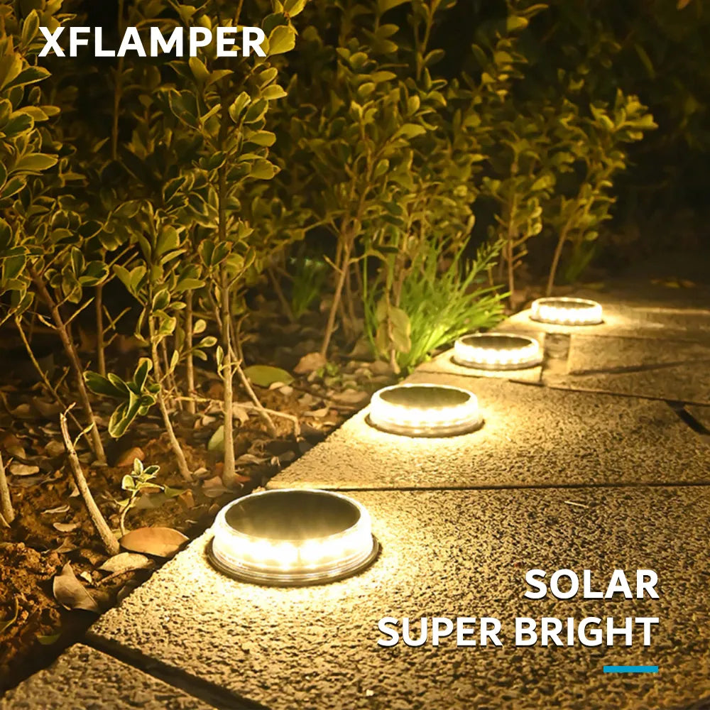 4PCS Super Bright LED Solar Pathway Lights showcasing their waterproof design and bright illumination for outdoor use.