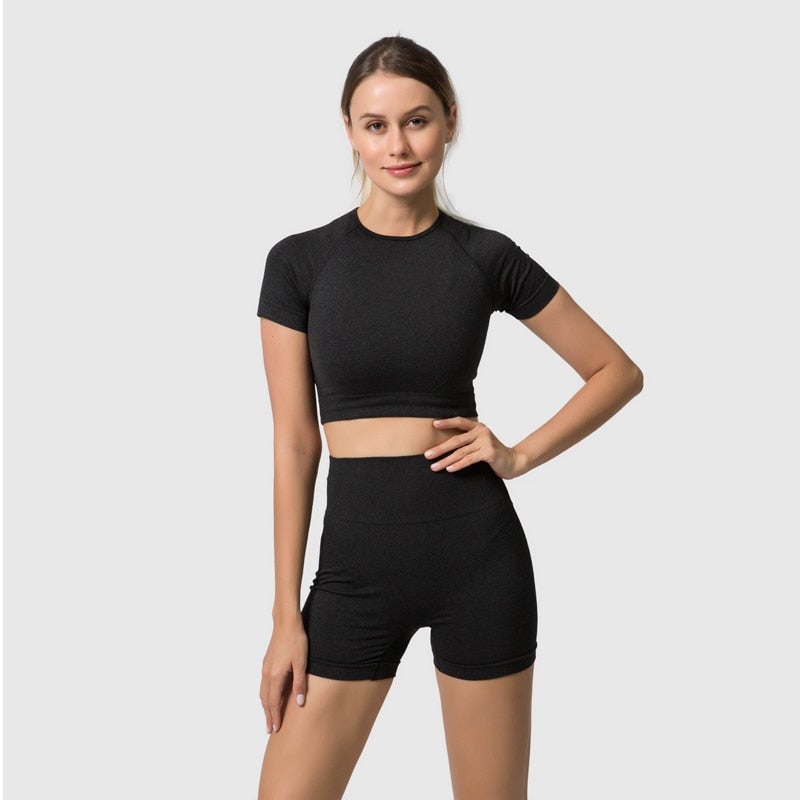 4Pcs Yoga Set Sports Wear for Women featuring a long sleeve crop top and high waist leggings in various colors.