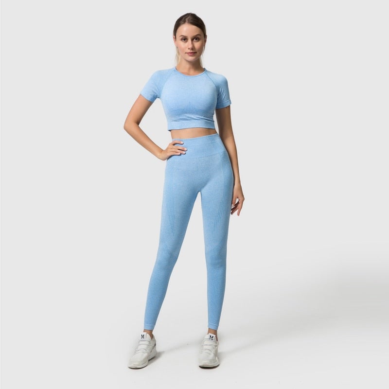 4Pcs Yoga Set Sports Wear for Women featuring a long sleeve crop top and high waist leggings in various colors.