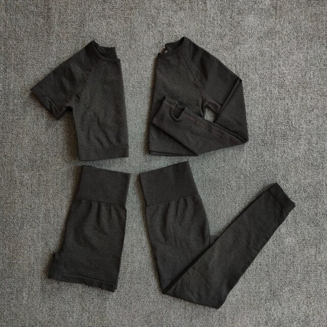 4Pcs Yoga Set Sports Wear for Women featuring a long sleeve crop top and high waist leggings in various colors.