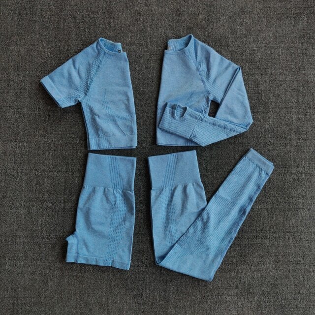4Pcs Yoga Set Sports Wear for Women featuring a long sleeve crop top and high waist leggings in various colors.