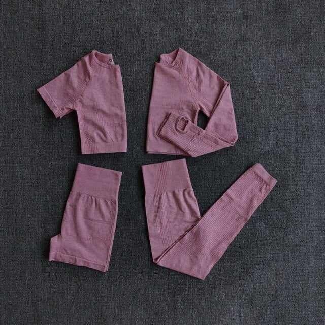 4Pcs Yoga Set Sports Wear for Women featuring a long sleeve crop top and high waist leggings in various colors.