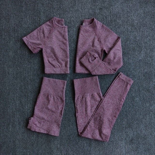 4Pcs Yoga Set Sports Wear for Women featuring a long sleeve crop top and high waist leggings in various colors.