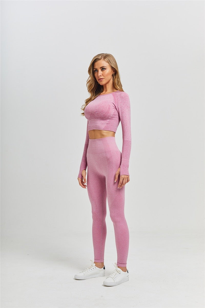 4Pcs Yoga Set Sports Wear for Women featuring a long sleeve crop top and high waist leggings in various colors.