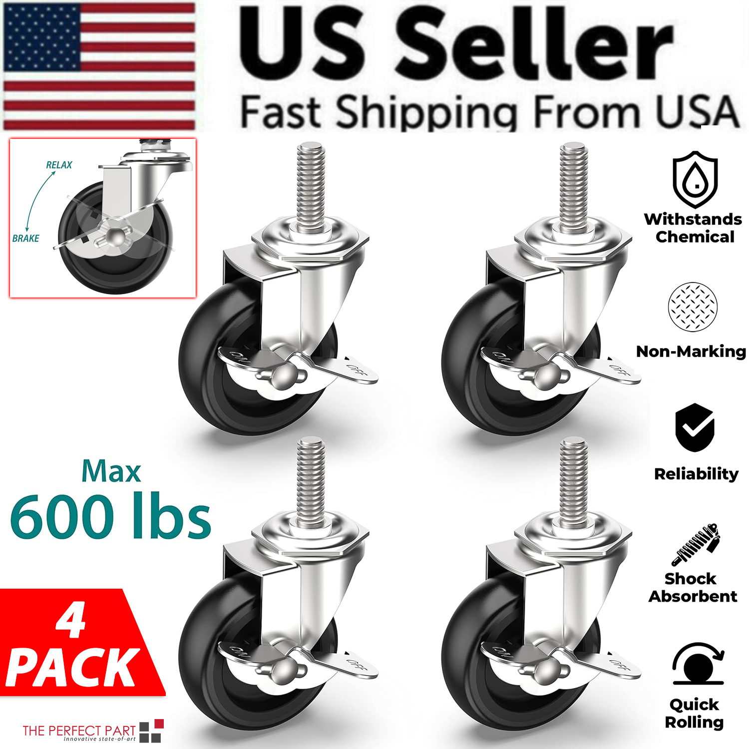 4x 3 Inch Rubber Casters Heavy Duty Safety Brake Wheels designed for wire shelving, featuring a sturdy steel construction and non-marring rubber wheels.