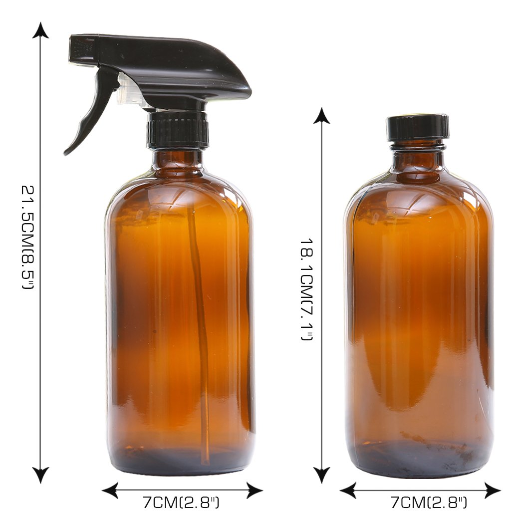 Set of four 500ml amber glass spray bottles with trigger sprayers, ideal for aromatherapy and eco-friendly use.