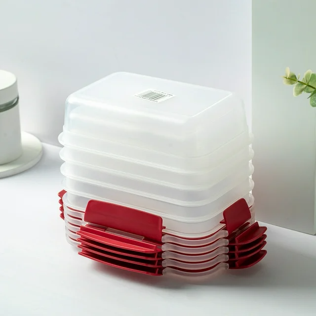 5 Pack Stackable Food Storage Containers with Airtight and Leakproof Snap Lock Lids, showcasing various sizes and clear design.