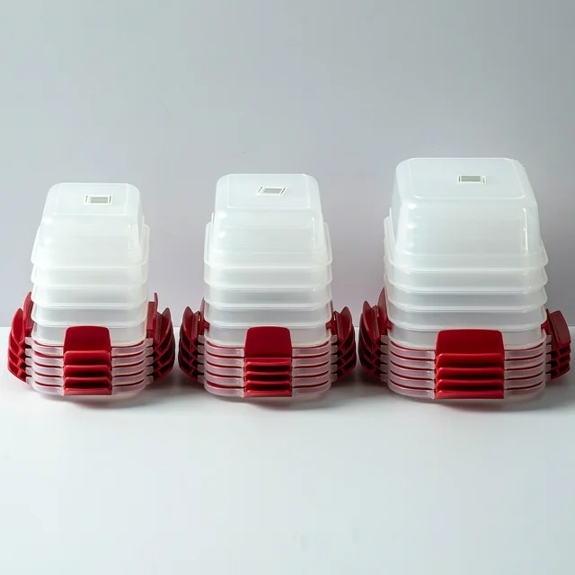 5 Pack Stackable Food Storage Containers with Airtight and Leakproof Snap Lock Lids, showcasing various sizes and clear design.