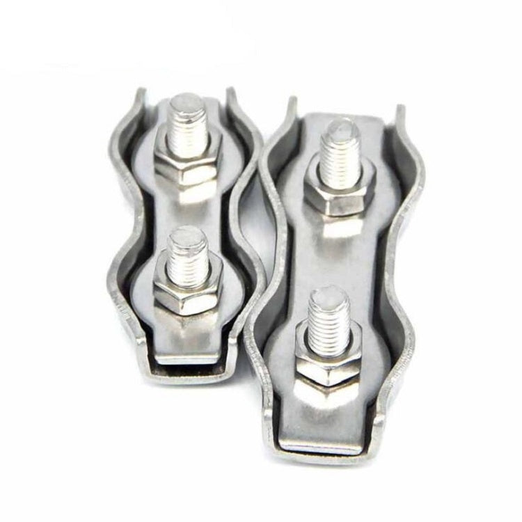 Five pieces of 304 stainless steel plate clips designed for wire rope fixing, showcasing their durable and waterproof features.