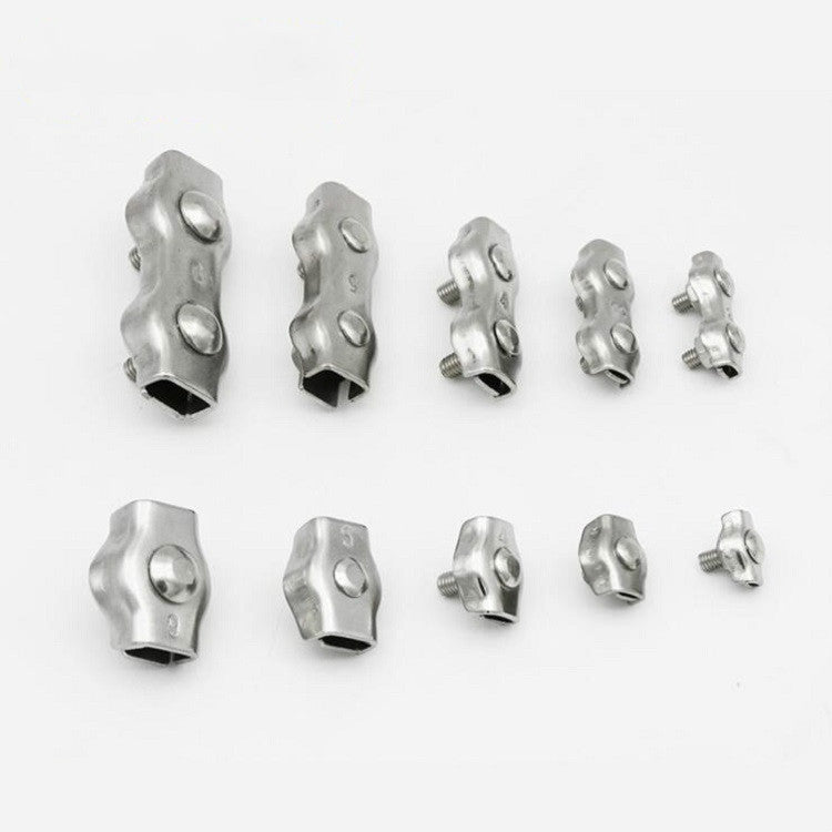 Five pieces of 304 stainless steel plate clips designed for wire rope fixing, showcasing their durable and waterproof features.