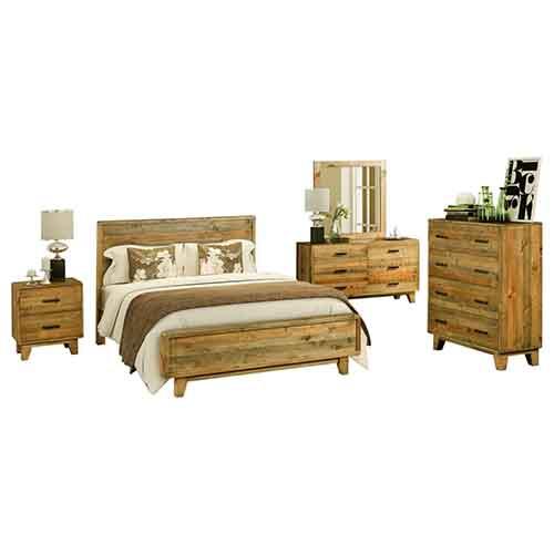 5 Pieces Bedroom Suite King Size featuring solid wood construction with an antique design, including a bed, bedside tables, tallboy, and dresser.