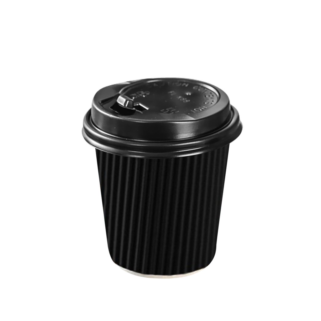 A stack of 50 Pcs 8oz Disposable Takeaway Coffee Paper Cups with lids, featuring a black vertical ripple design for enhanced grip and insulation.