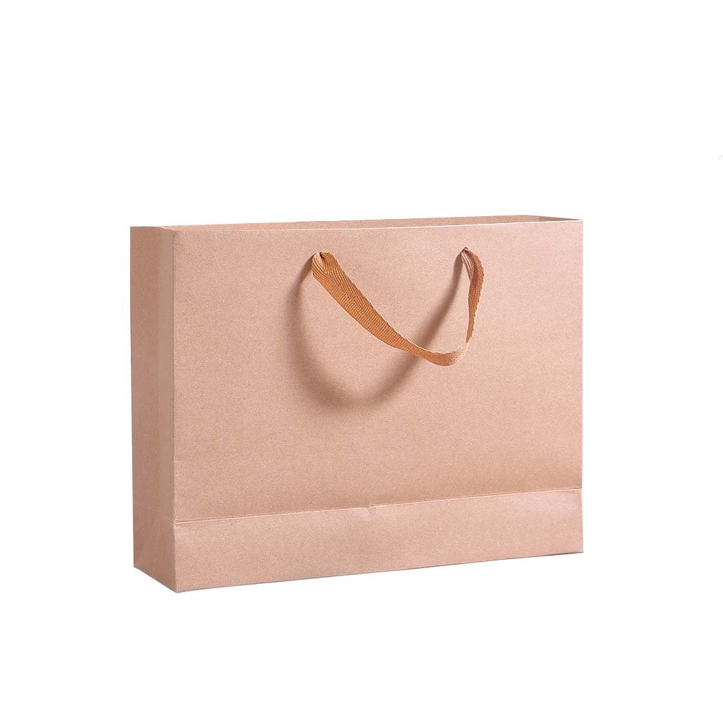 A stack of 50 brown kraft paper bags with twisted cotton handles, ideal for gifts and shopping.