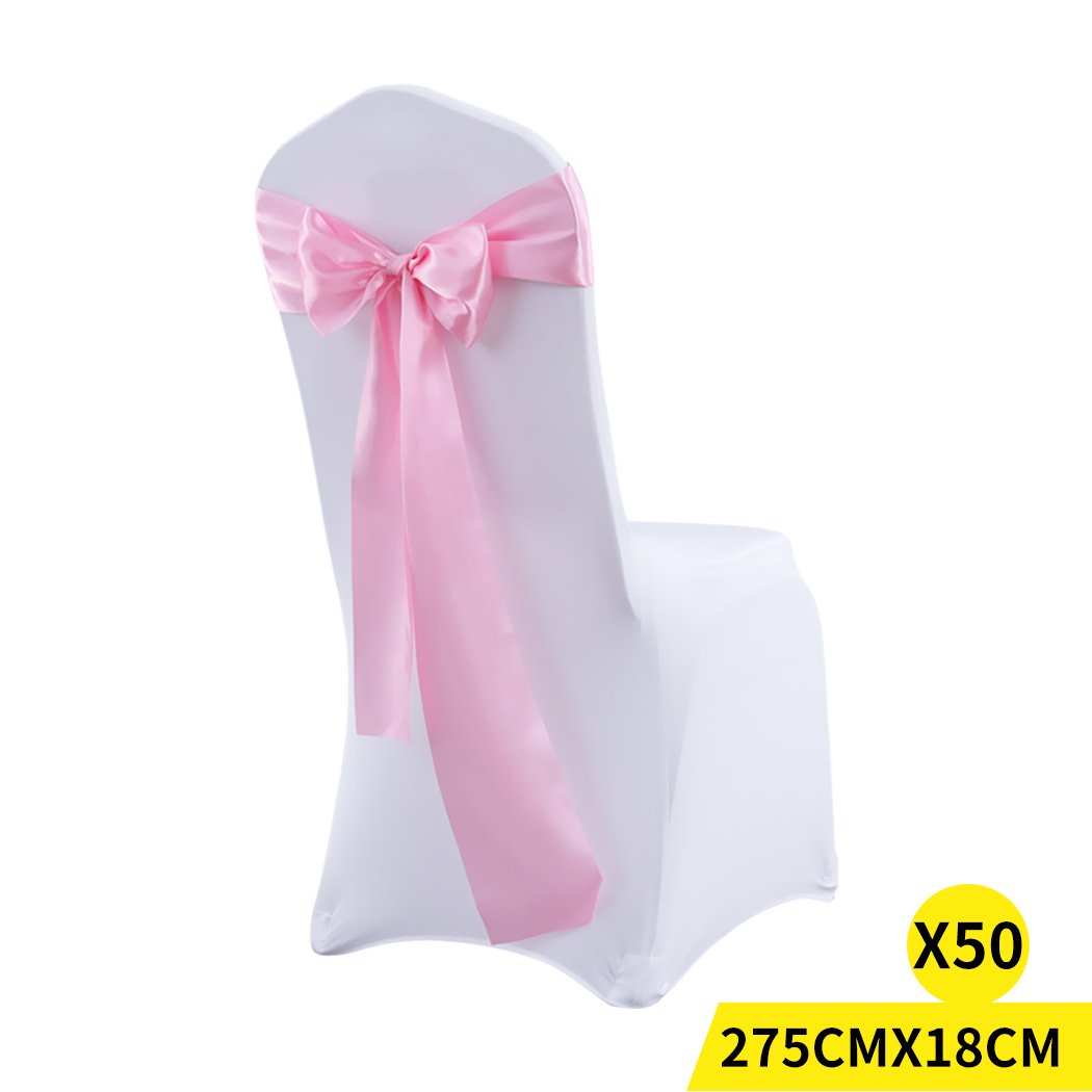 50 satin chair sashes in various colors elegantly draped over chairs, perfect for weddings and events.