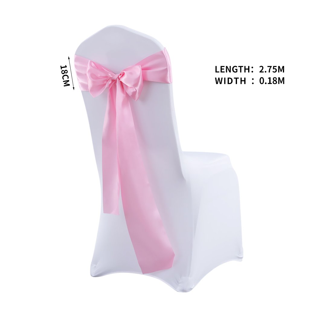 50 satin chair sashes in various colors elegantly draped over chairs, perfect for weddings and events.