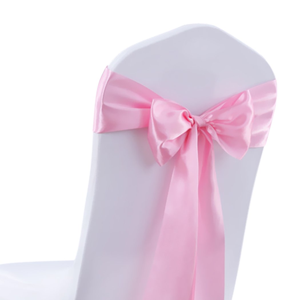 50 satin chair sashes in various colors elegantly draped over chairs, perfect for weddings and events.