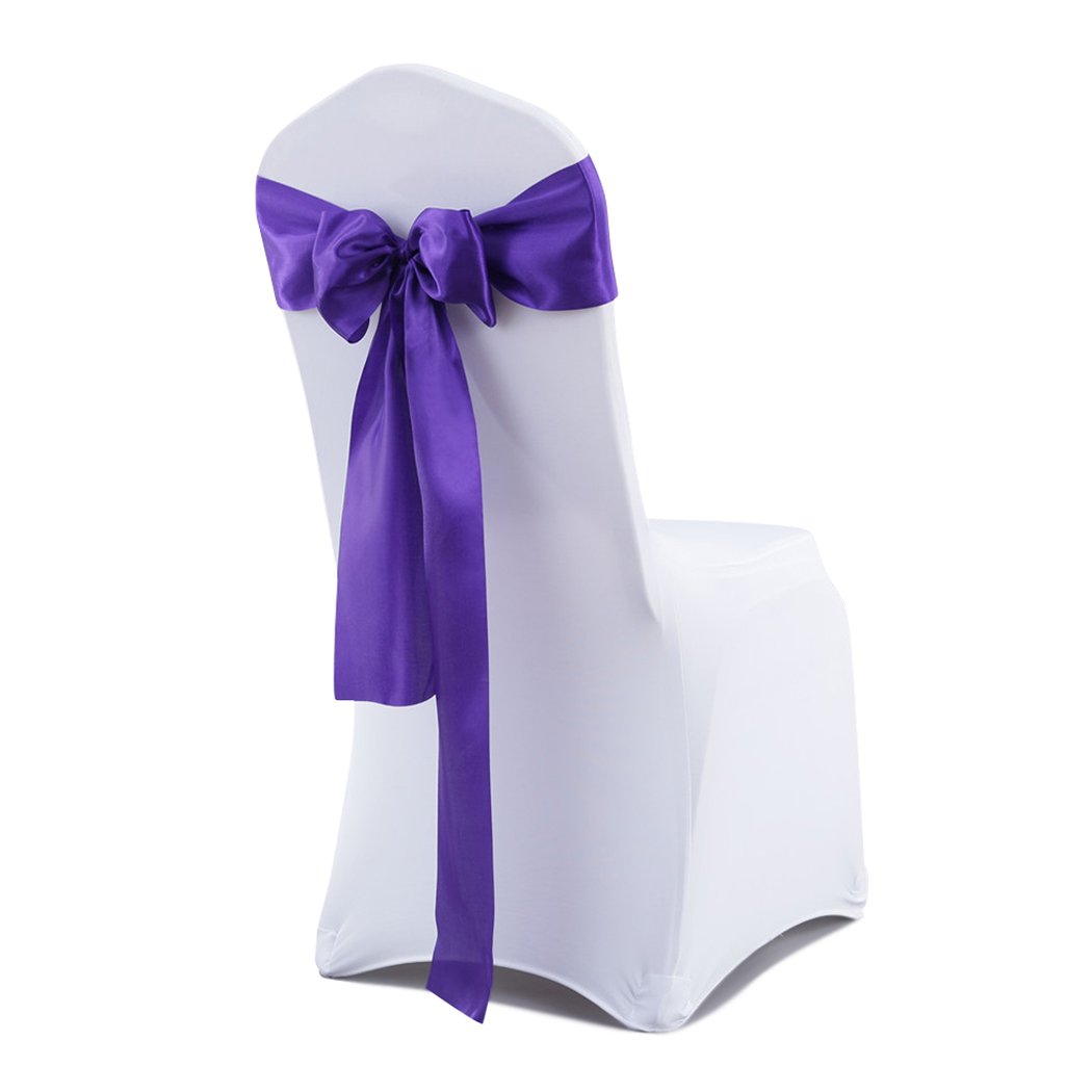 50 satin chair sashes in various colors elegantly draped over chairs, perfect for weddings and events.