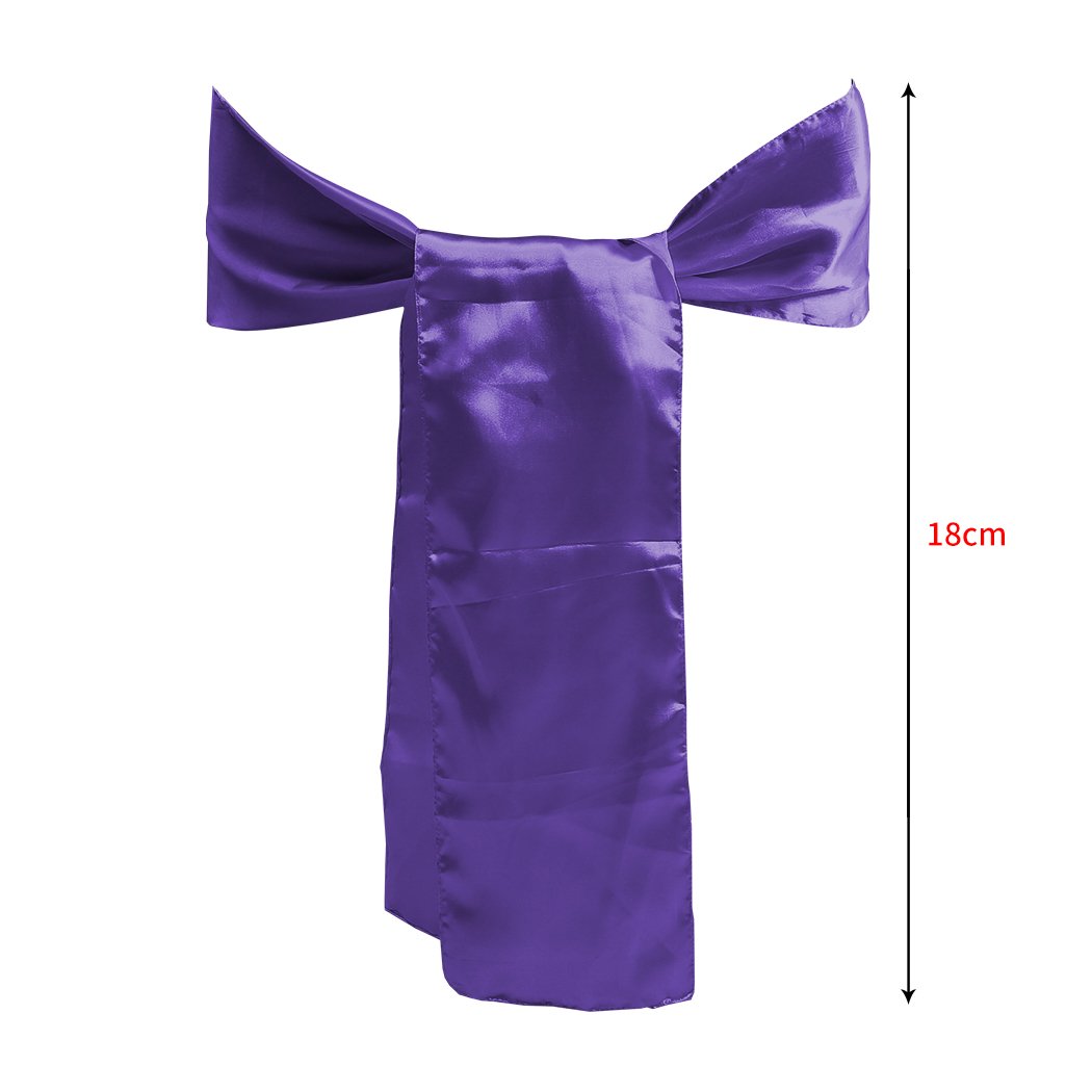 50 satin chair sashes in various colors elegantly draped over chairs, perfect for weddings and events.