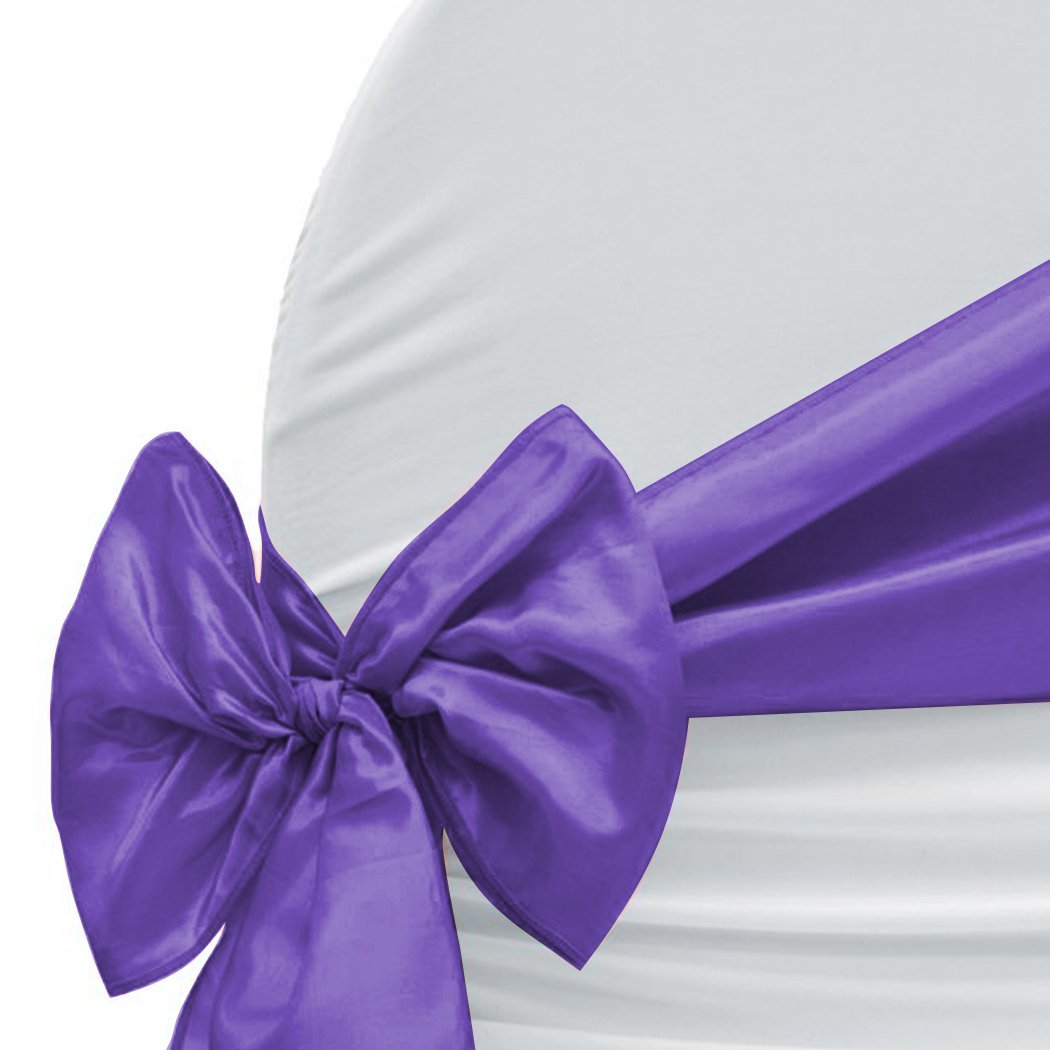 50 satin chair sashes in various colors elegantly draped over chairs, perfect for weddings and events.