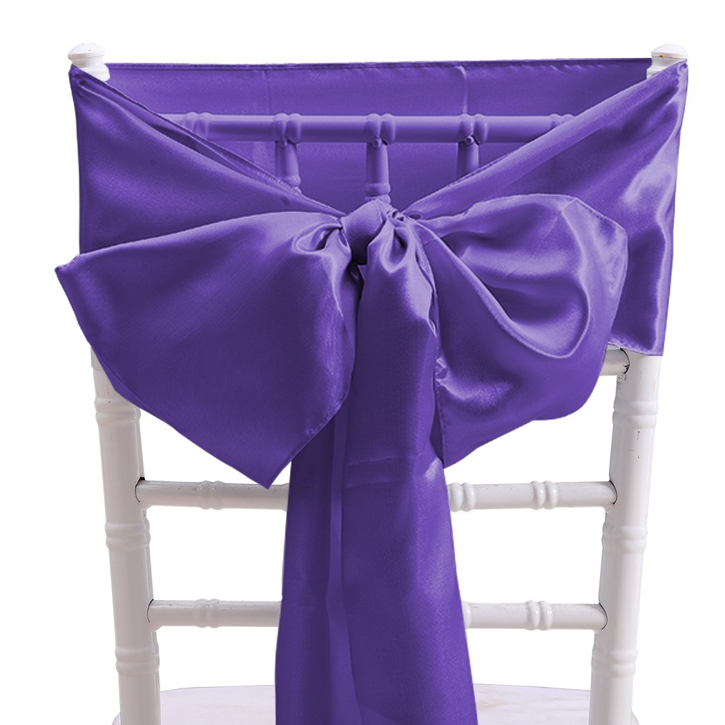 50 satin chair sashes in various colors elegantly draped over chairs, perfect for weddings and events.