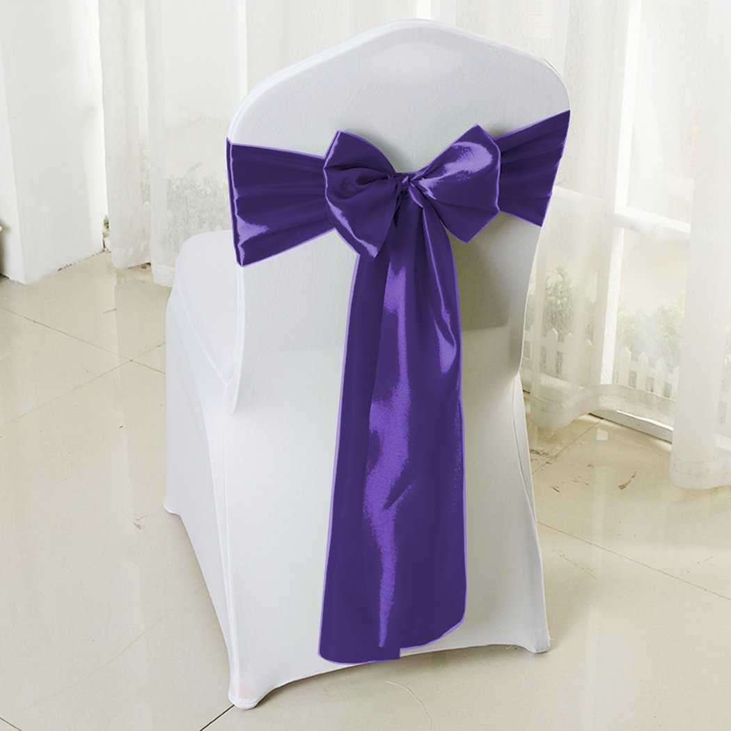 50 satin chair sashes in various colors elegantly draped over chairs, perfect for weddings and events.