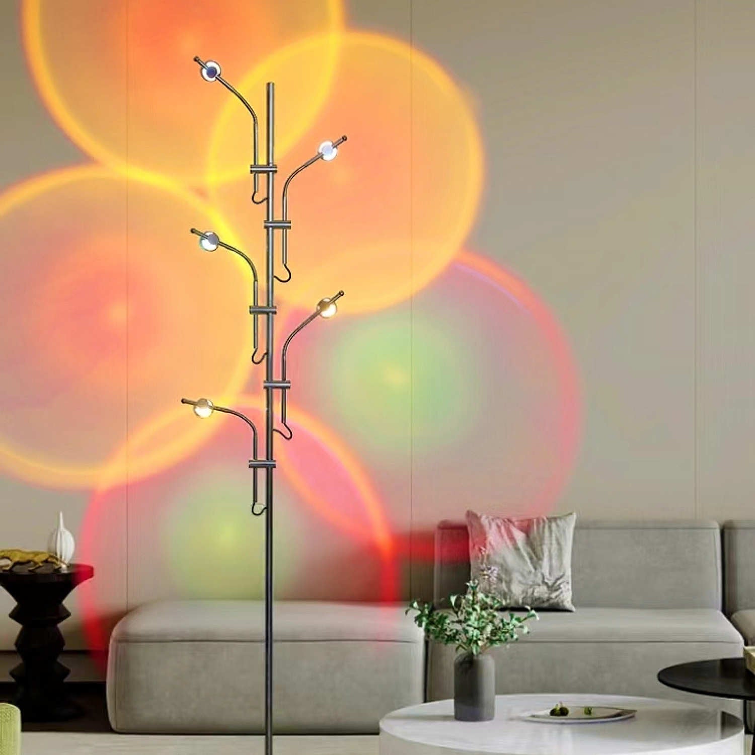 5-Head Projector Floor Lamp with adjustable heads and RGB color options, showcasing a sleek silver design.