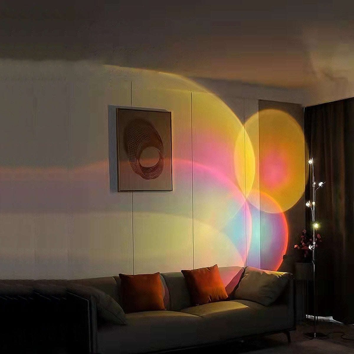 5-Head Projector Floor Lamp with adjustable heads and RGB color options, showcasing a sleek silver design.