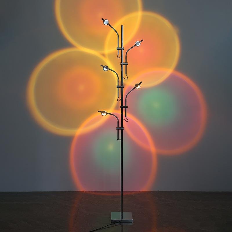 5-Head Projector Floor Lamp with adjustable heads and RGB color options, showcasing a sleek silver design.