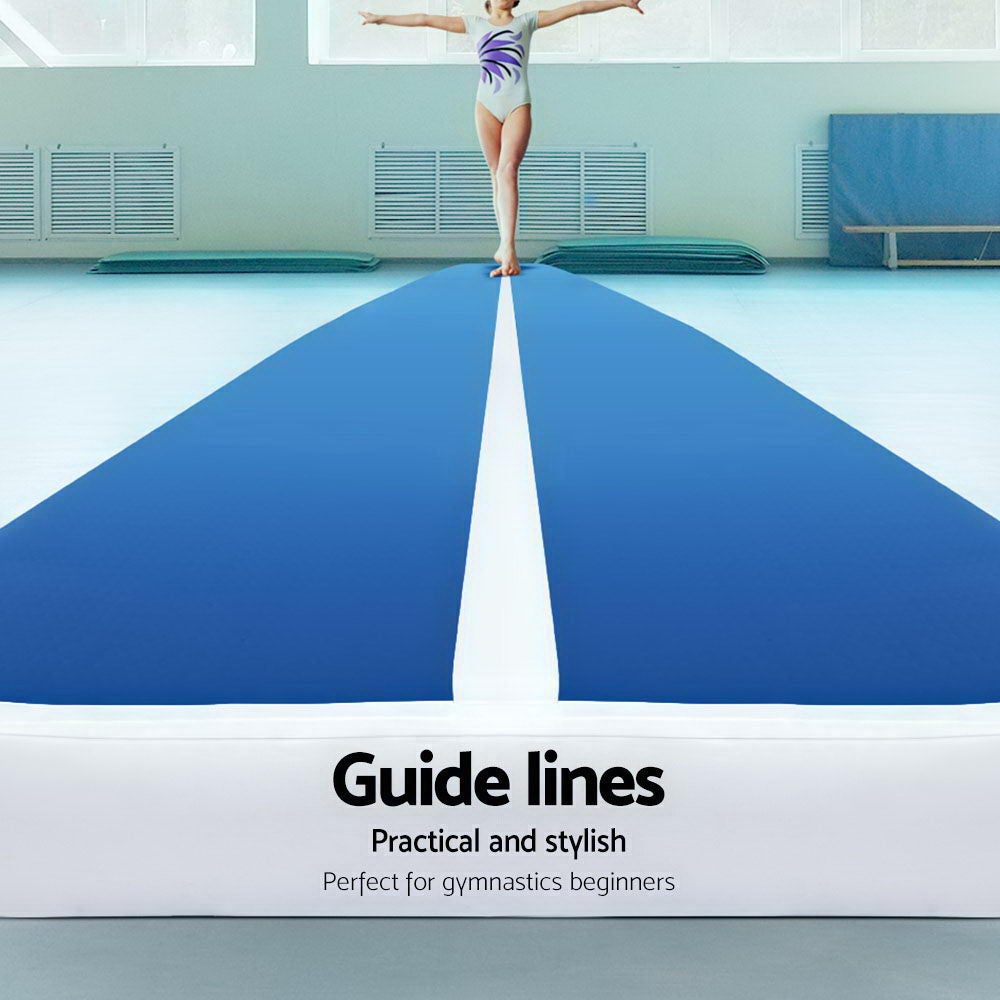 5m x 1m inflatable air track mat in blue and white, showcasing its thick design and anti-slip surface, ideal for gymnastics and tumbling.