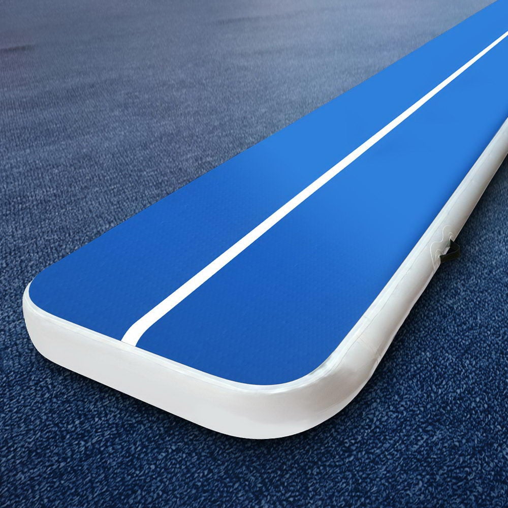 5m x 1m inflatable air track mat in blue and white, showcasing its thick design and anti-slip surface, ideal for gymnastics and tumbling.