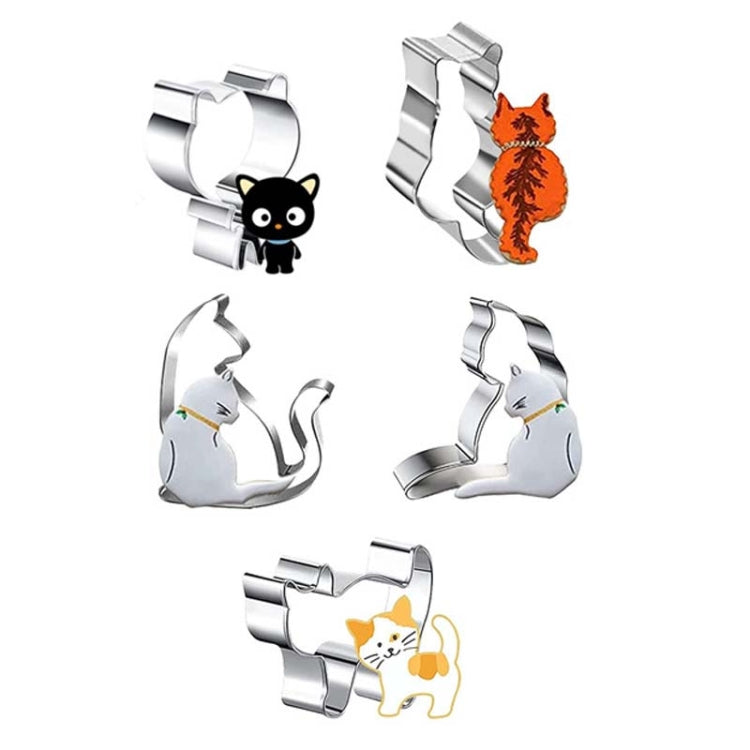 Five stainless steel cat cookie molds arranged together, showcasing their shiny surface and unique cat shapes.