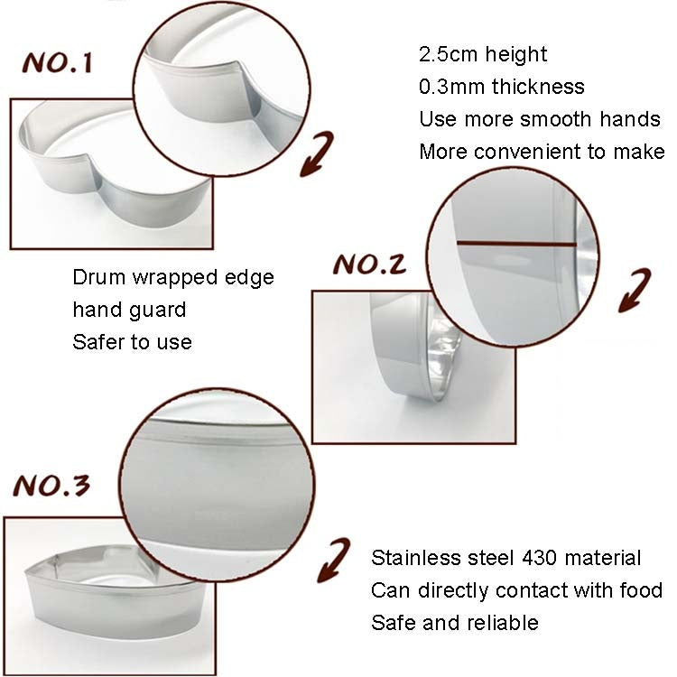 Five stainless steel cat cookie molds arranged together, showcasing their shiny surface and unique cat shapes.