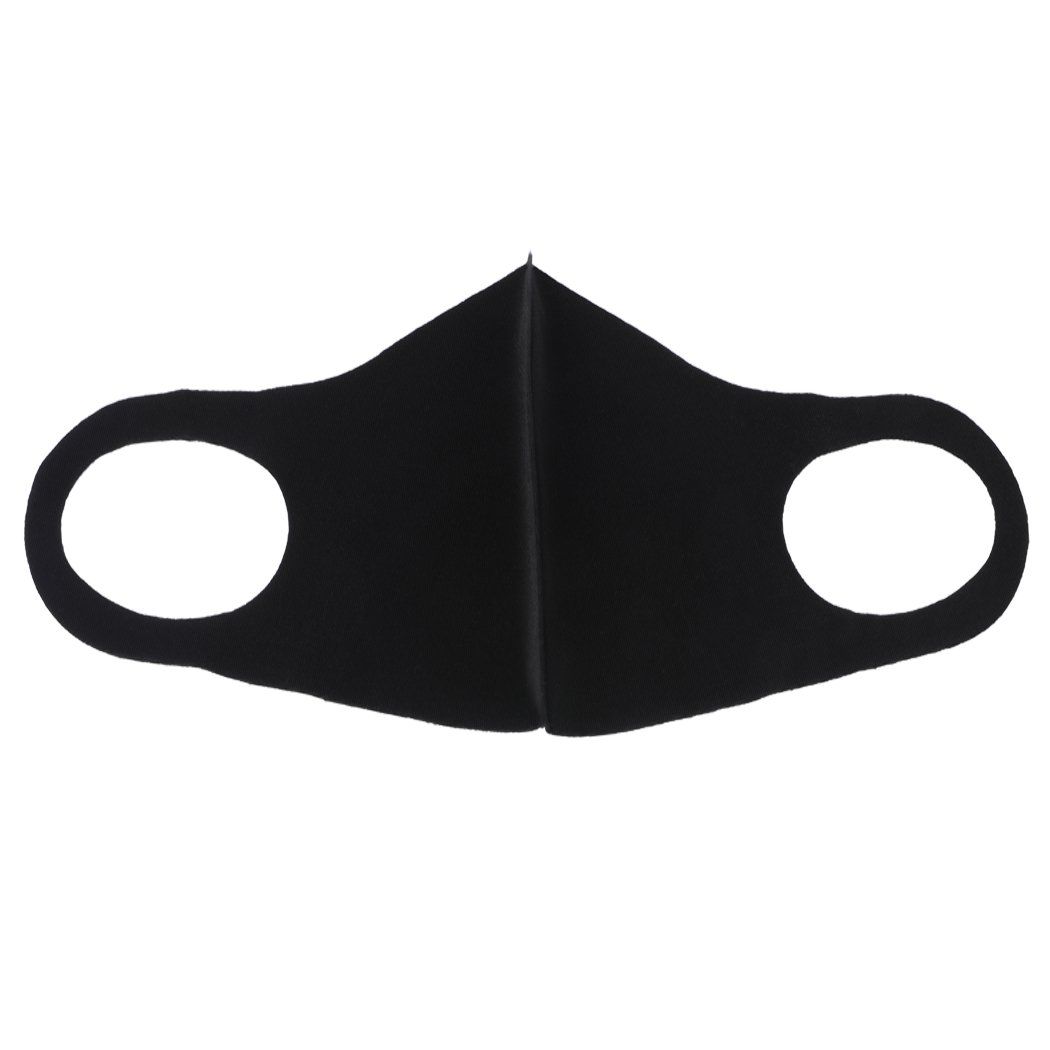 Five reusable face masks in black, made from polyester and spandex, designed for comfort and effective filtration.