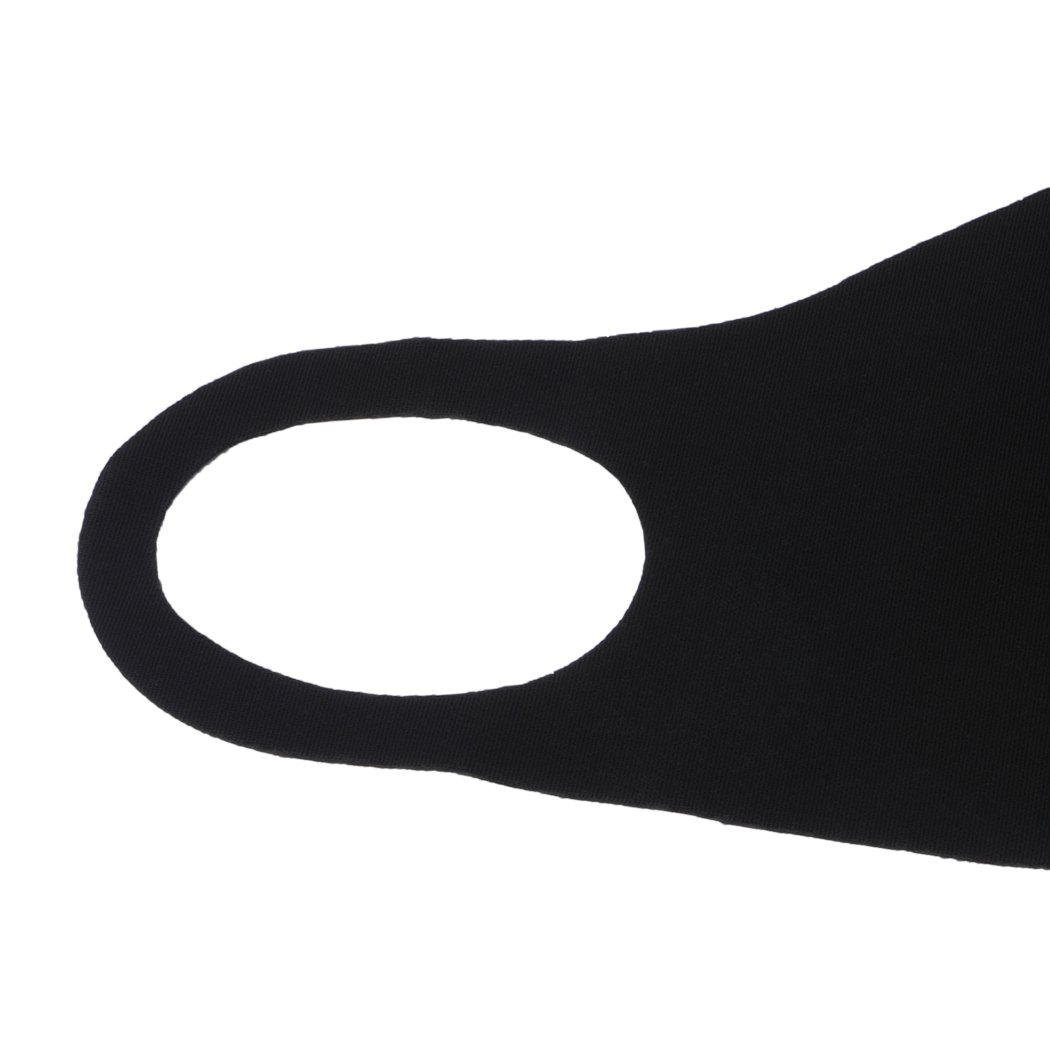 Five reusable face masks in black, made from polyester and spandex, designed for comfort and effective filtration.