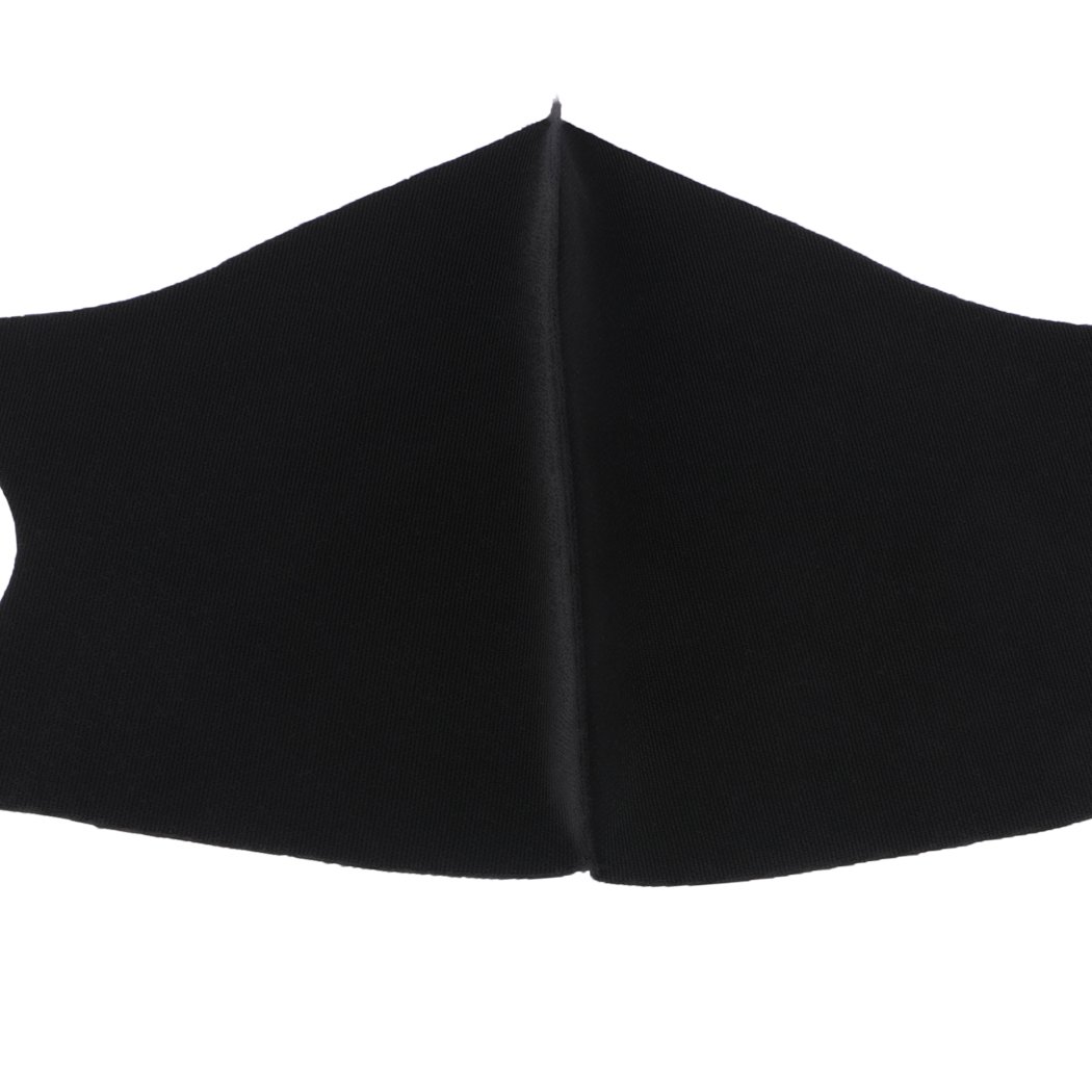 Five reusable face masks in black, made from polyester and spandex, designed for comfort and effective filtration.