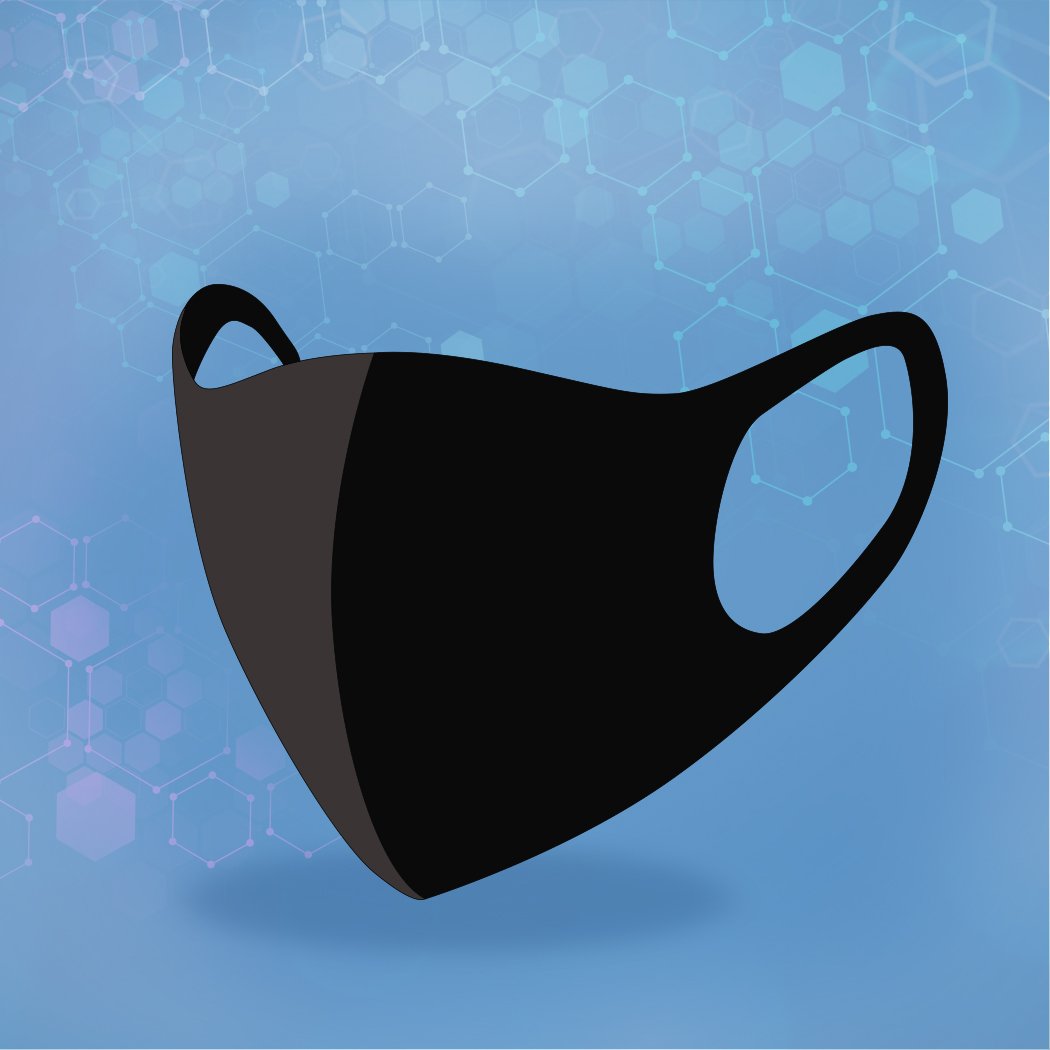 Five reusable face masks in black, made from polyester and spandex, designed for comfort and effective filtration.