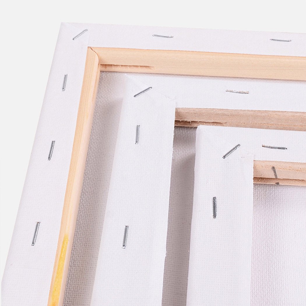 Five blank artist stretched canvases, ideal for oil and acrylic painting, showcasing a sturdy white surface and clean back-stapled design.