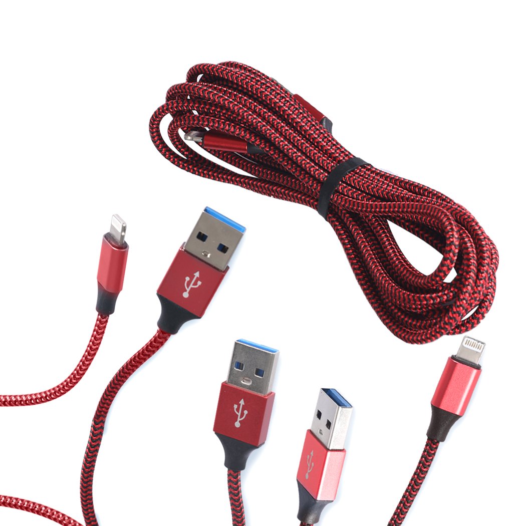 Five red nylon braided USB fast charging cables for iPhone and iPad, showcasing durability and length options.