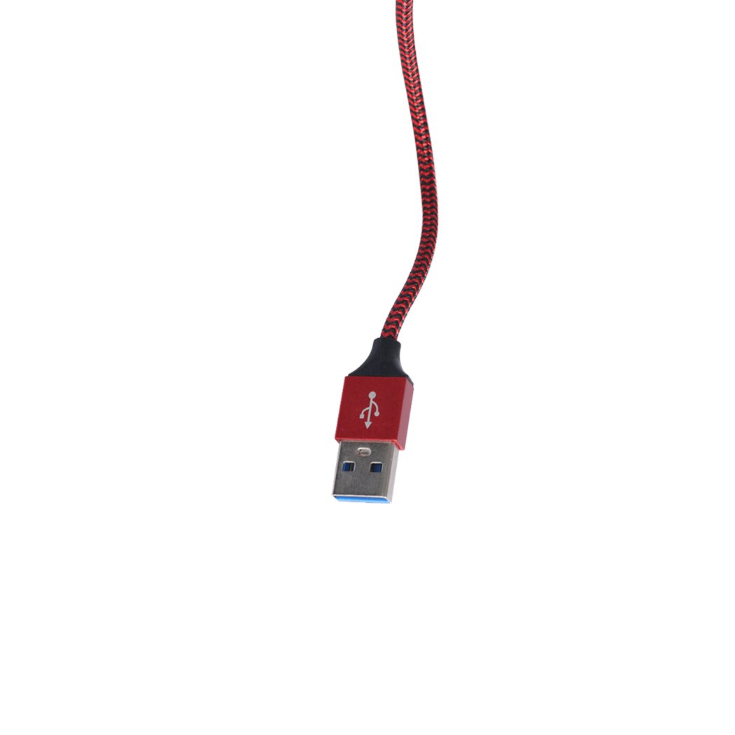 Five red nylon braided USB fast charging cables for iPhone and iPad, showcasing durability and length options.