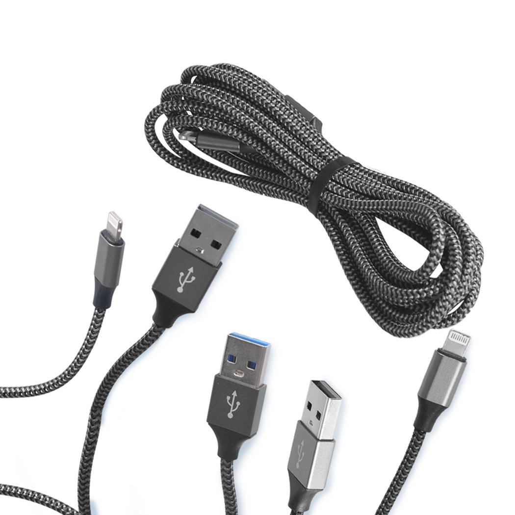 Five 5x USB fast charging cables for iPhone and iPad, featuring a durable nylon braided design in black color.