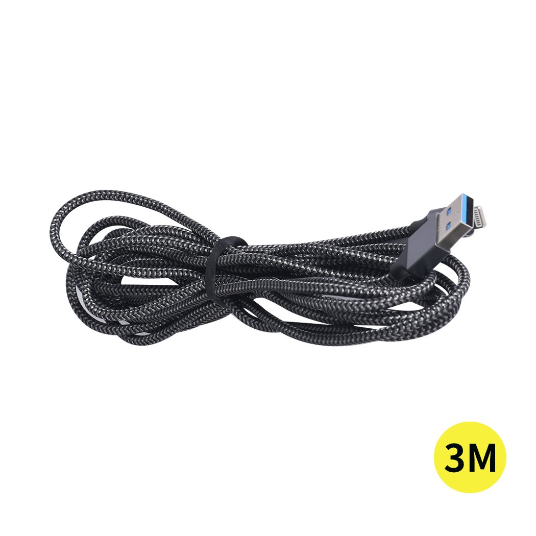 Five 5x USB fast charging cables for iPhone and iPad, featuring a durable nylon braided design in black color.