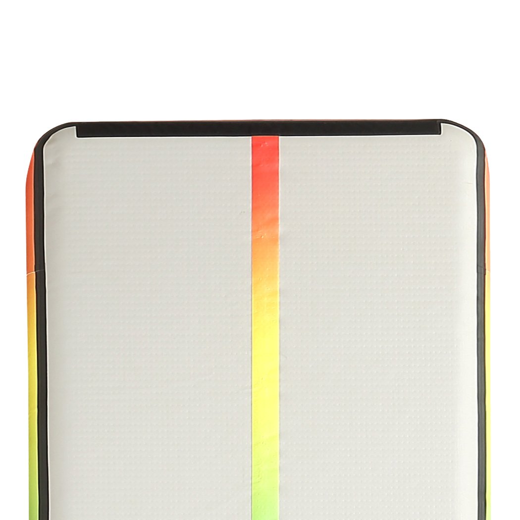 5x1M Air Track Inflatable Mat in rainbow color with electric air pump and repair tool, ideal for gymnastics and cheerleading training.