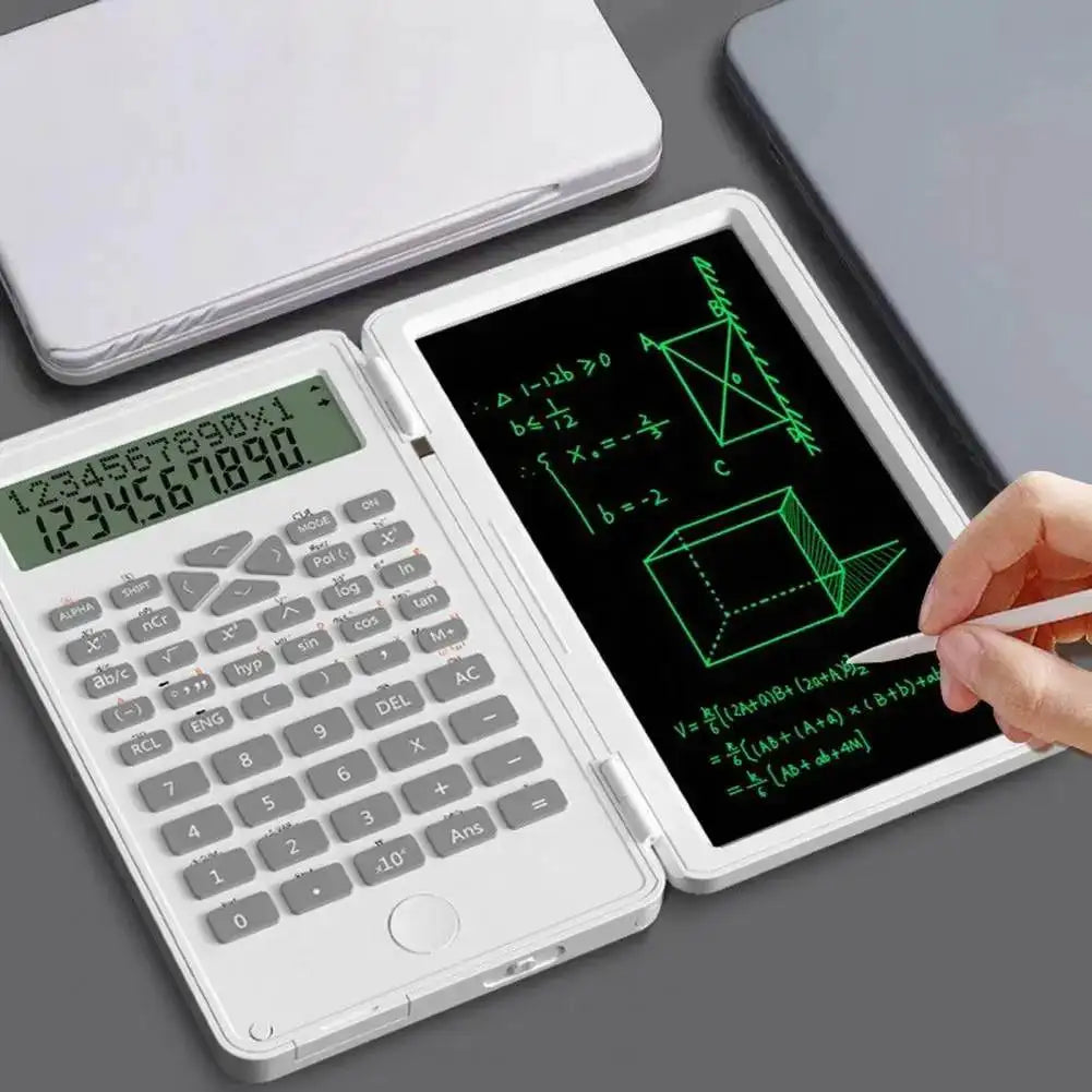 6 INCH Scientific Calculator with LCD Writing Tablet, featuring a dual-row display and a stylus pen, available in White, Blue, and Black colors.