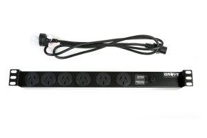 6 Way Horizontal Power Rail 1RU 10AMP with six power outlets and a compact design for server racks.