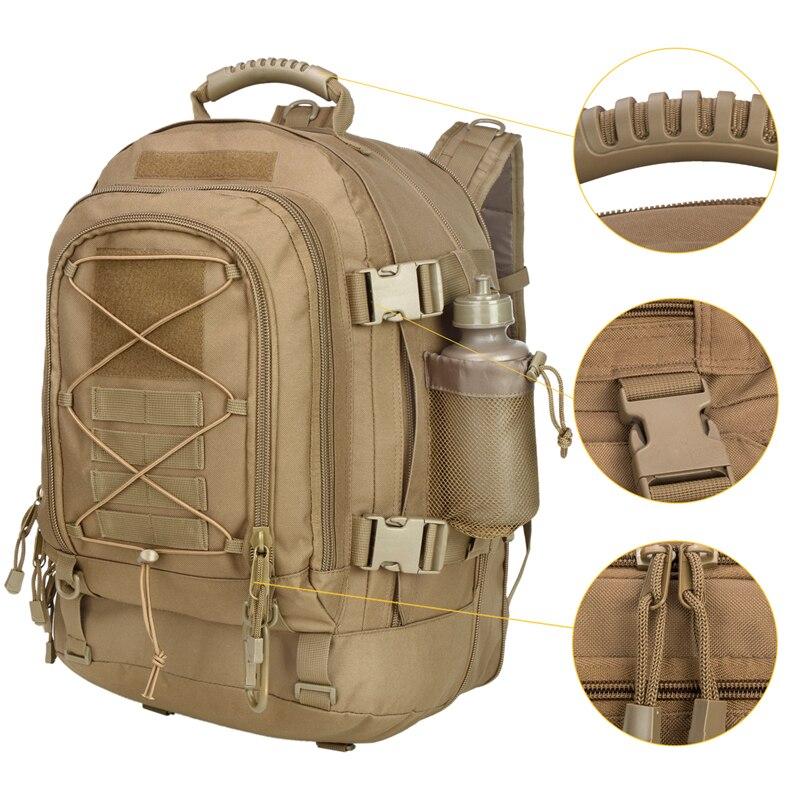 A 60L Outdoor Military Rucksack made from 1000D nylon, showcasing its waterproof design and spacious compartments, ideal for outdoor activities.