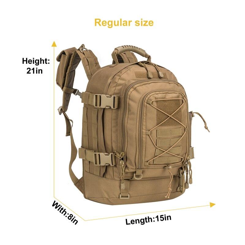 A 60L Outdoor Military Rucksack made from 1000D nylon, showcasing its waterproof design and spacious compartments, ideal for outdoor activities.