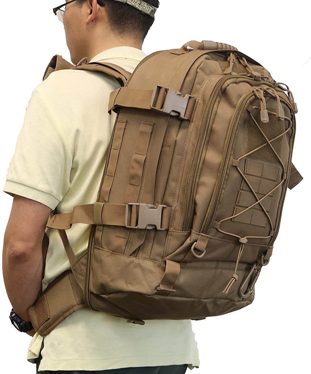 A 60L Outdoor Military Rucksack made from 1000D nylon, showcasing its waterproof design and spacious compartments, ideal for outdoor activities.