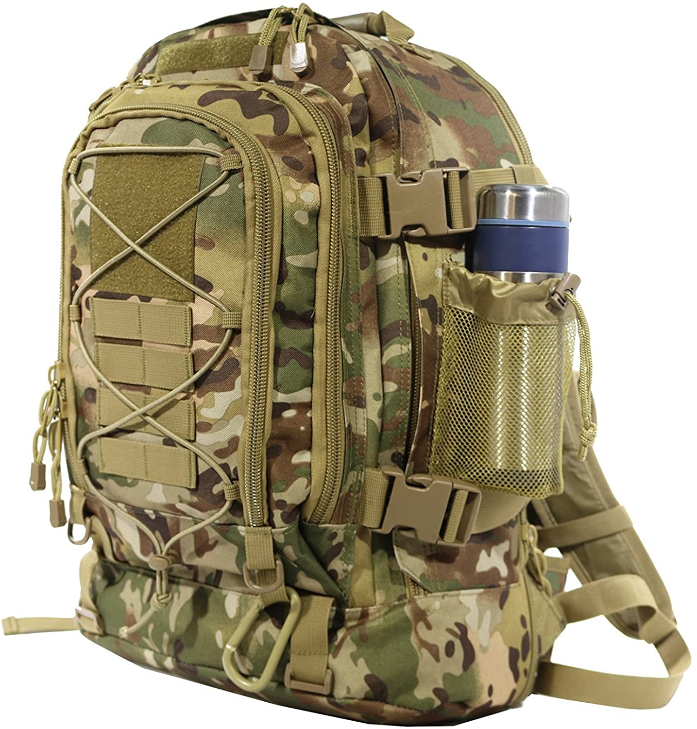 A 60L Outdoor Military Rucksack made from 1000D nylon, showcasing its waterproof design and spacious compartments, ideal for outdoor activities.