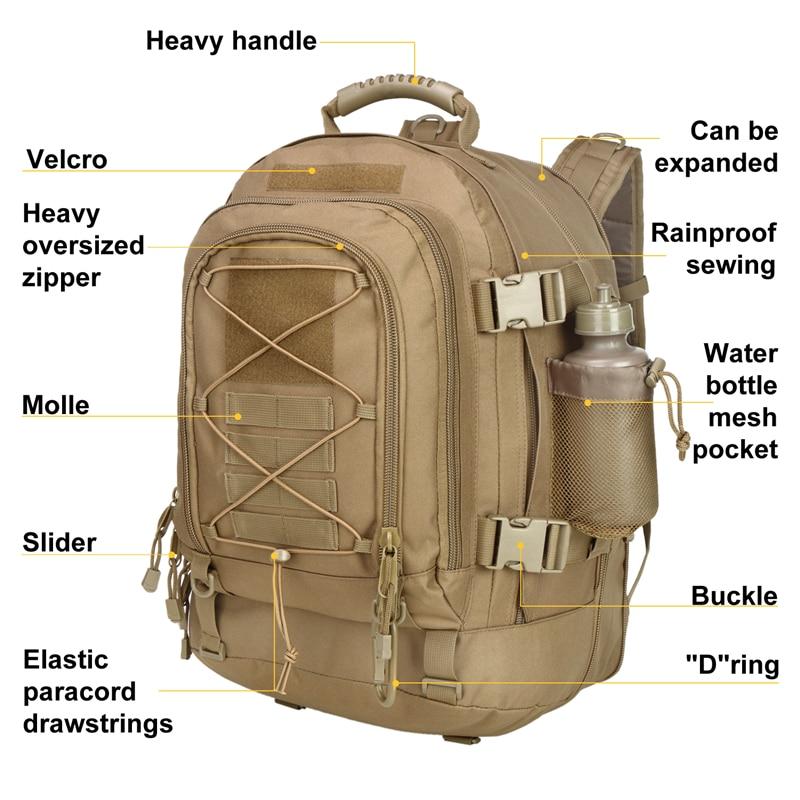 A 60L Outdoor Military Rucksack made from 1000D nylon, showcasing its waterproof design and spacious compartments, ideal for outdoor activities.